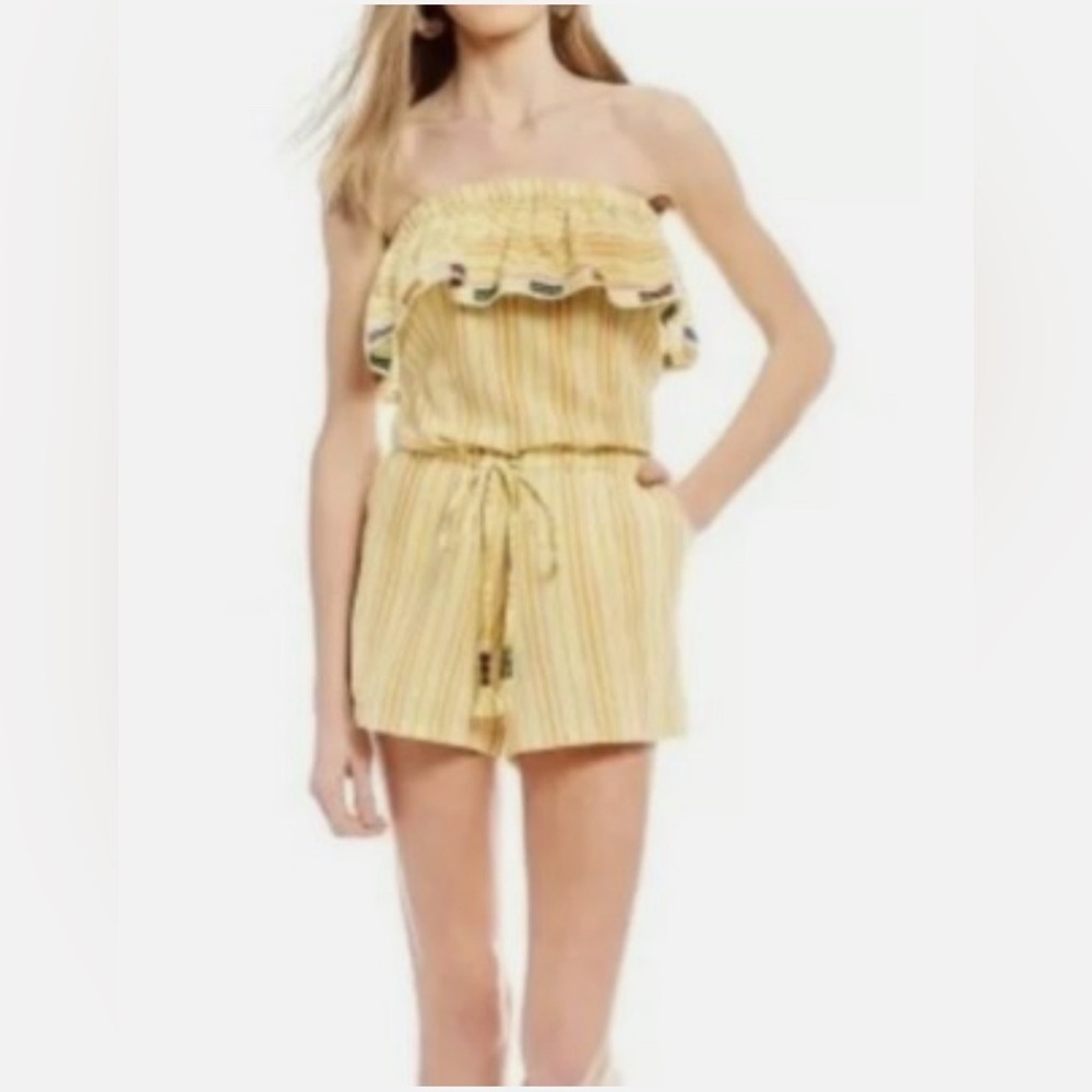 Anthropologie L Kopali Yellow Pink Mustard Striped Strapless Shorts Jumpsuit